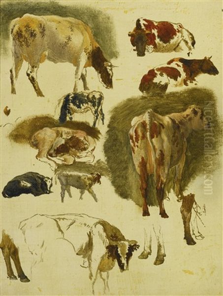 Studies Of Cows And Calves And Studies Of Cows, Pigs And A Tree: A Pair Of Paintings Oil Painting by Robert Hills