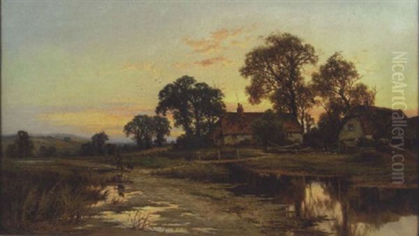 Cottage Landscape At Dusk With Figures Oil Painting by David Hillyer