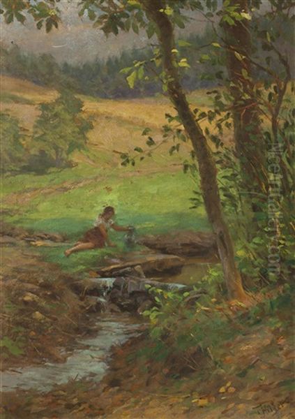 Madchen Am Bach Oil Painting by Theodor Hilser