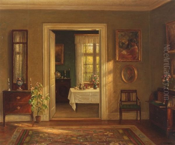 Interior With Light In The Living Rooms Oil Painting by Hans Hilsoe