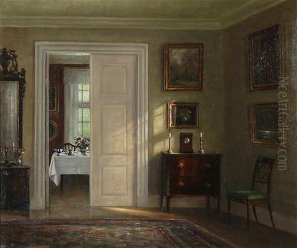 Living Room Interior With Natural Light Coming Through A Window Oil Painting by Hans Hilsoe