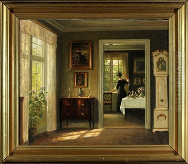 Interieur Mit Frau Am Fenster Oil Painting by Hans Hilsoe