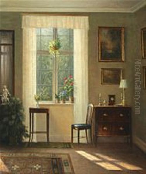 Interior From A Living Room With Empire Furniture And Natural Light From The Garden Oil Painting by Hans Hilsoe