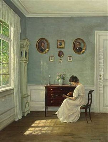 Interior Of A Sunny Sitting-room With A Woman Playing A Mandolin Oil Painting by Hans Hilsoe