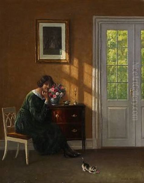 Interior With A Woman Oil Painting by Hans Hilsoe