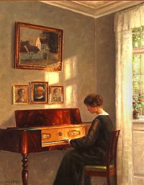 Interior With A Woman Playing The Piano Oil Painting by Hans Hilsoe