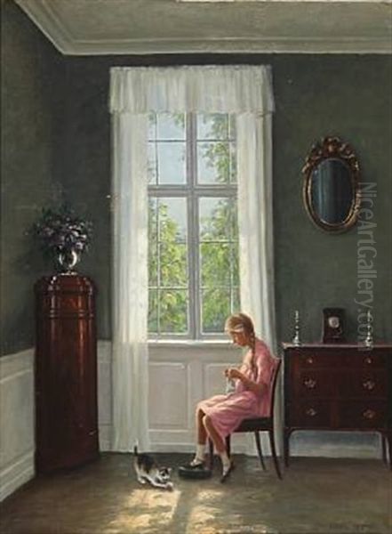 Interior With A Young Girl And A Playful Cat At A Window Oil Painting by Hans Hilsoe