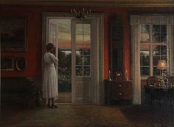 Drawing Room Interior With A Lady Enjoying The Sunset At The Garden Door Oil Painting by Hans Hilsoe