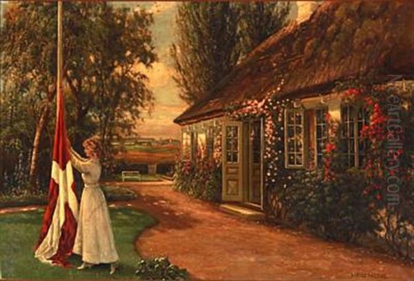 A Woman Hoists The Danish Flag In A Garden by Hans Hilsoe