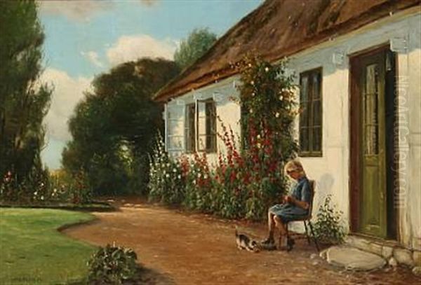 Summer Idyll At A Farmer House With A Little Girl Doing Her Needlework Oil Painting by Hans Hilsoe