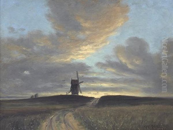 Landschaft Mit Windmuhle Oil Painting by Hans Hilsoe