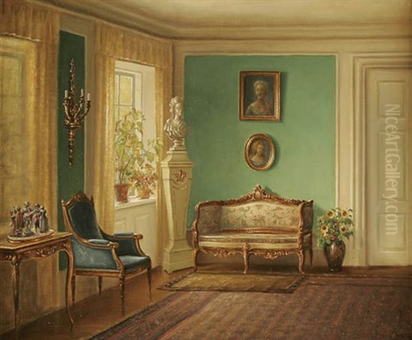 A Sunlit Interior Scene Of A Drawing Room Oil Painting by Hans Hilsoe