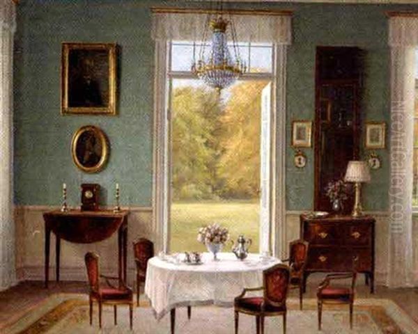 Interior Fra Et Herskabshjem Med Abne Dore Ud Mod En Park Oil Painting by Hans Hilsoe