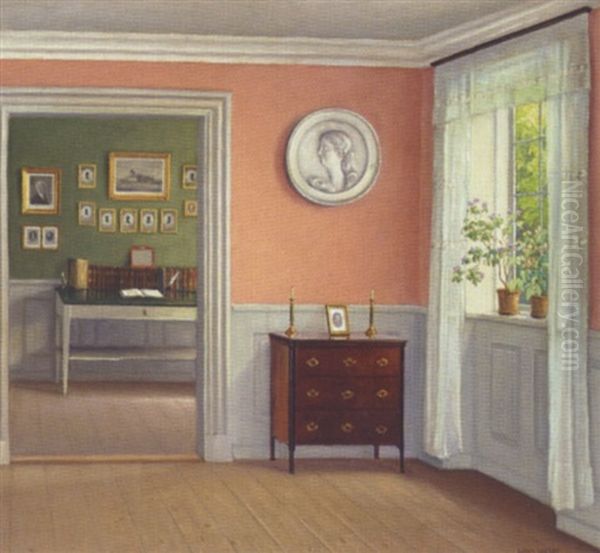 Interior Med Blik Fra Den Rosa Stue Til Den Gronne, Hvor Silhouetklip I Guldrammer Pryder Vaeggene Oil Painting by Hans Hilsoe