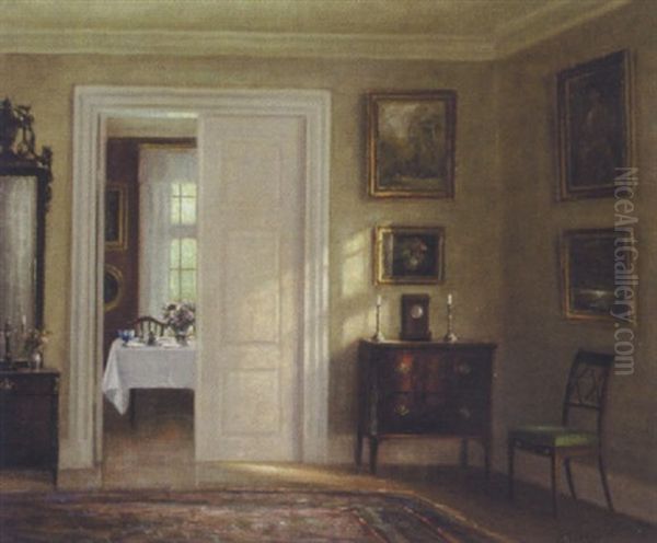 Interior, Et Kig Fra Stuen Ind Til Det Veldaekkede Bord I Spisestuen Oil Painting by Hans Hilsoe