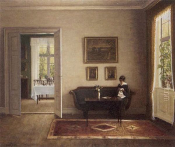 An Interior With A Lady Sewing by Hans Hilsoe