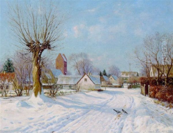 Vinterdag I En Dansk Landsby, Antagelig Fra Blovstrod I Nordsjaelland Oil Painting by Hans Hilsoe