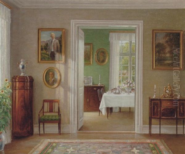 Interior Fra Et Herskabshjem Med Malerier Pa Vaeggene Og Et Smukt Daekket Bord I Den Fjerneste Stue Oil Painting by Hans Hilsoe