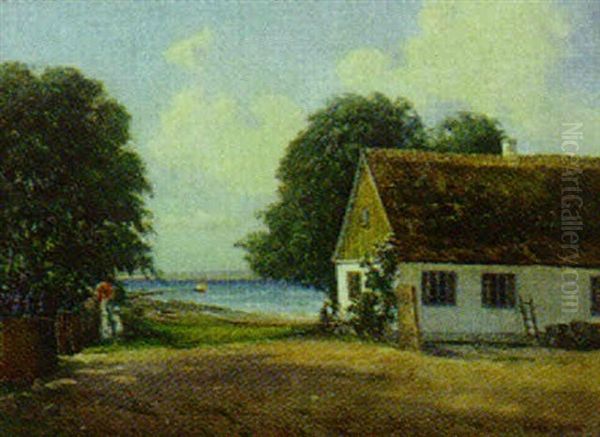 Sommerlandskab, I Forgrunden Kvinde Med Lille Pige Oil Painting by Hans Hilsoe