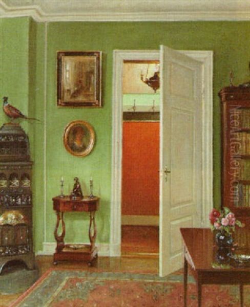 Interior With A Coal Burner Oil Painting by Hans Hilsoe