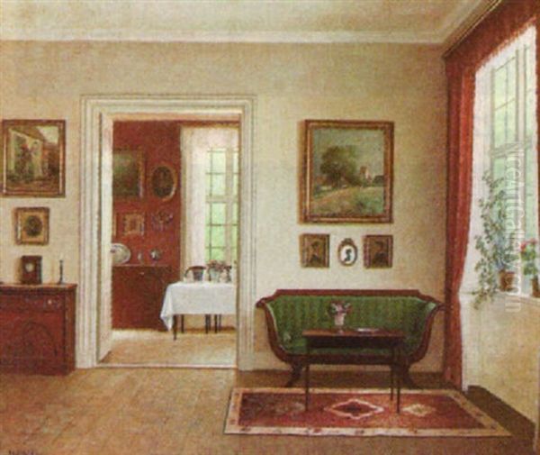 Interior With Green Sofa Oil Painting by Hans Hilsoe