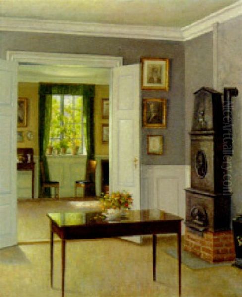 A Sunlit Interior Oil Painting by Hans Hilsoe