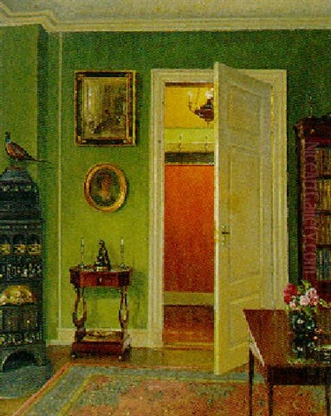 Interior Med Kakkelovn Oil Painting by Hans Hilsoe