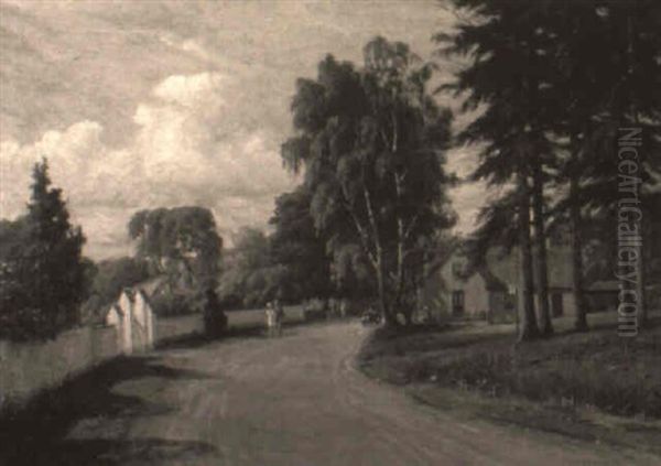 Figures On A Village Road Oil Painting by Hans Hilsoe