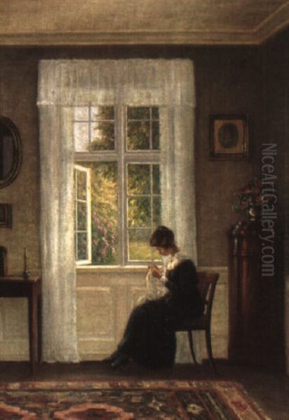 An Interior Scene With A Lady Sewing Oil Painting by Hans Hilsoe