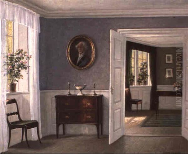 A Sunlit Interior Oil Painting by Hans Hilsoe