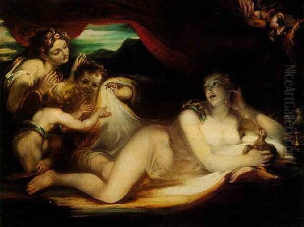 Venus With Her Hand Maidens, Satyr Peeping In Oil Painting by William Hilton the Younger