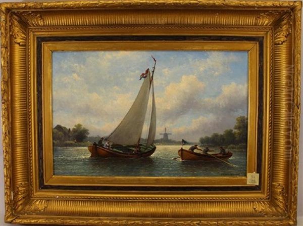 Sailboats On A River Oil Painting by Eduard Alexander Hilverdink