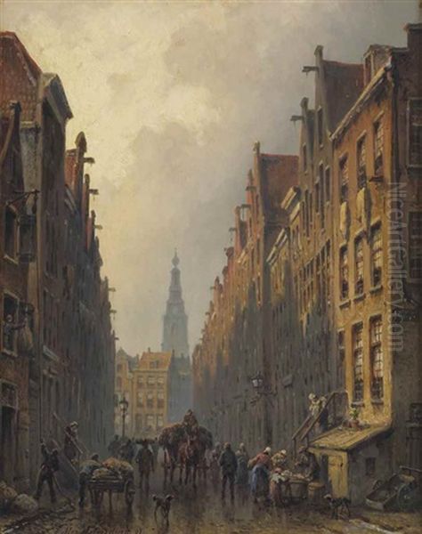 A Busy Streetscene In The Jewish Quarter, Amsterdam Oil Painting by Eduard Alexander Hilverdink