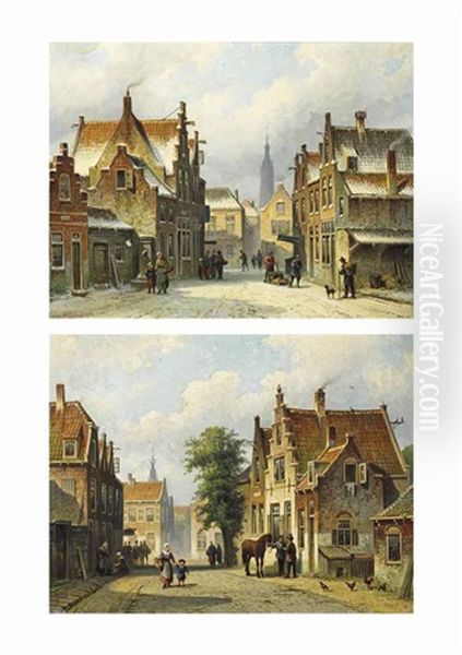 A Sunlit Street In Haarlem, The Tower Of The St. Bavo In The Distance; A Snow-covered Street In Delft, With The Nieuwe Kerk (pair) Oil Painting by Eduard Alexander Hilverdink