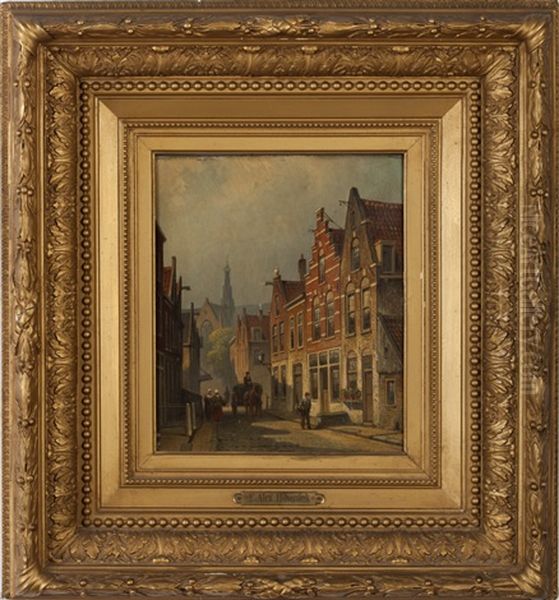 Dutch Street Scene With Gabled Buildings, Villagers And Church Oil Painting by Eduard Alexander Hilverdink