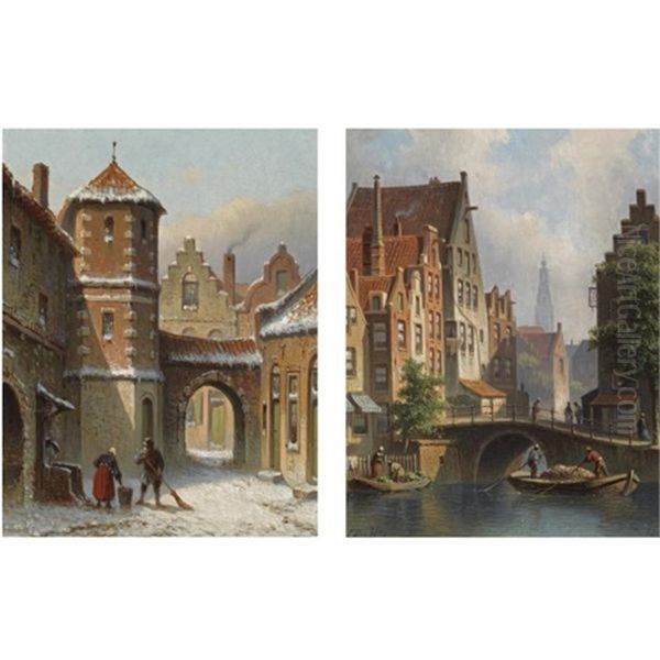 A View On The Langbrugsteeg In Amsterdam On A Summer's Day (+ Figures In The Snow Covered Streets Of A Dutch Town; Pair) by Eduard Alexander Hilverdink