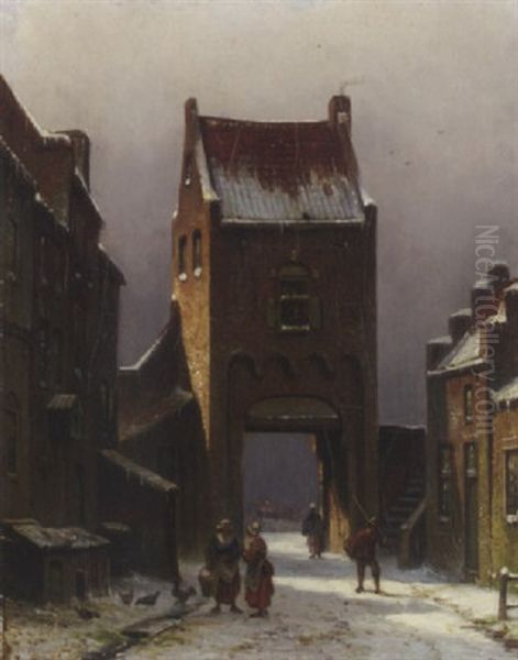 Villagers At The Village Gate Oil Painting by Eduard Alexander Hilverdink