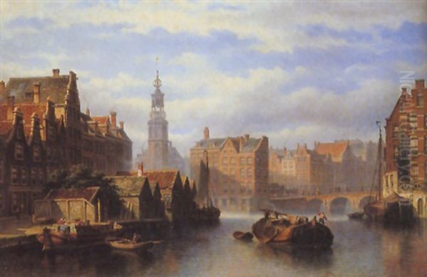 A View Of The Amstel River Near The Muntorren, Amsterdam by Eduard Alexander Hilverdink