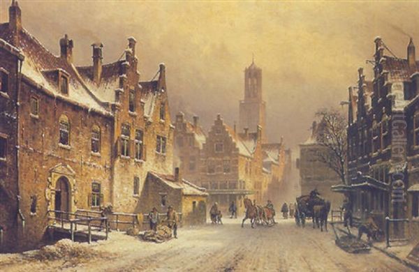 A Wintry Townscene, Utrecht Oil Painting by Eduard Alexander Hilverdink