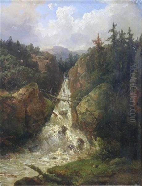 Een Rotsachtig Landschap Met Waterval Oil Painting by Johannes Hilverdink