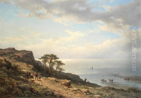 A Mediterranean Coastal Landscape Oil Painting by Johannes Hilverdink