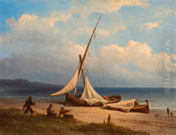 Figures And Boats On A Beach In The East Oil Painting by Johannes Hilverdink