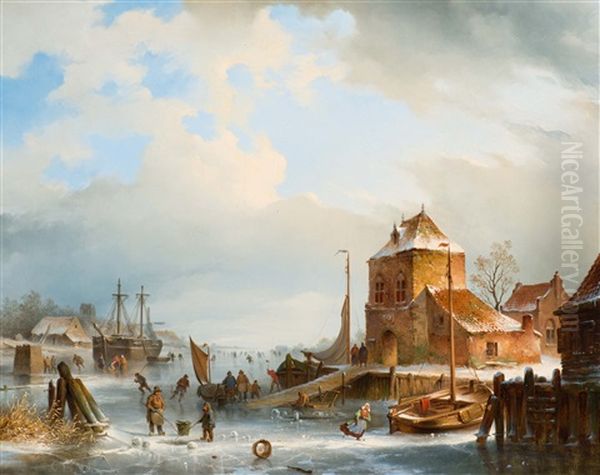 Winter Activities On The Ice Oil Painting by Johannes Hilverdink