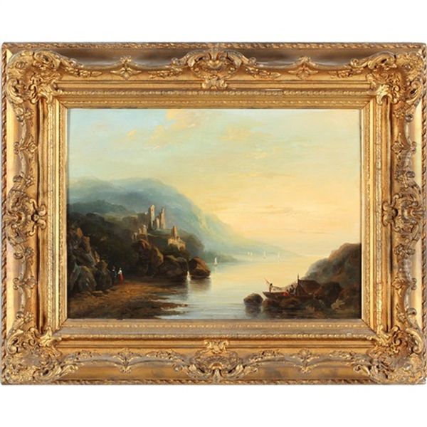 A Rhenish River Landscape Oil Painting by Johannes Hilverdink