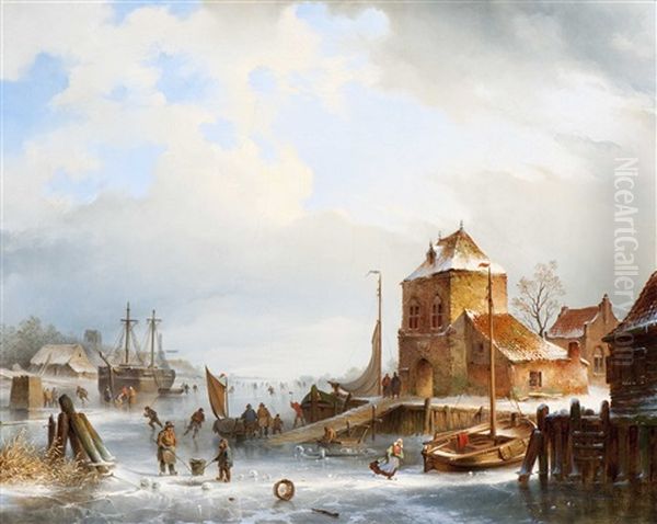 Wintery Activities On The Ice Oil Painting by Johannes Hilverdink