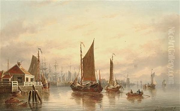 Port Scene At Sunset Oil Painting by Johannes Hilverdink