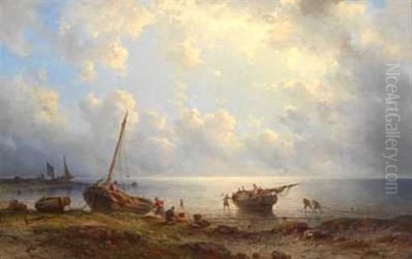 Fiskere Pa Stranden Oil Painting by Johannes Hilverdink