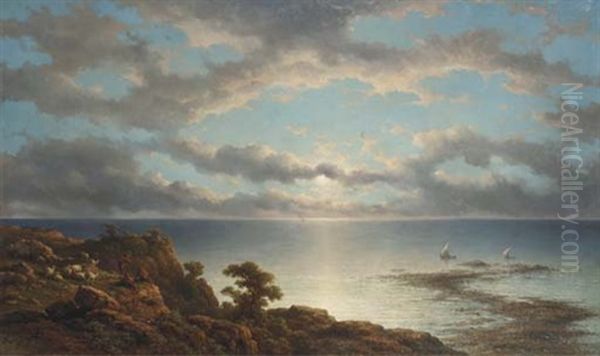 Shepherds Overlooking The Sea At Sunset Oil Painting by Johannes Hilverdink