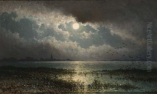 Het Ij Bij  Zeeburg, Maanlicht Oil Painting by Johannes Hilverdink