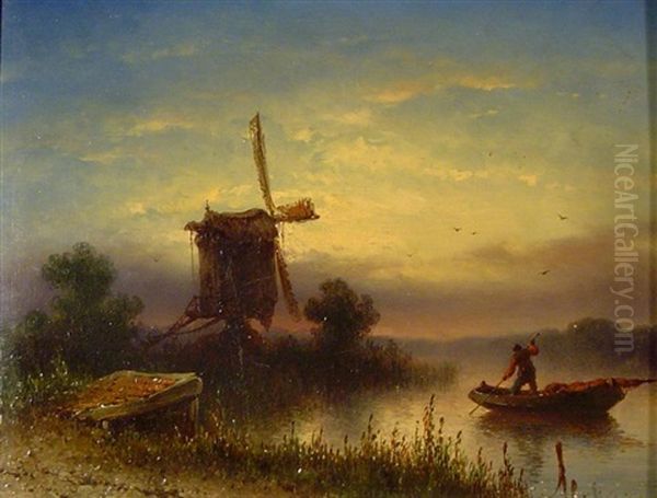 Weite Fluslandschaft Mit Windmuhle Im Abendrot Oil Painting by Johannes Hilverdink